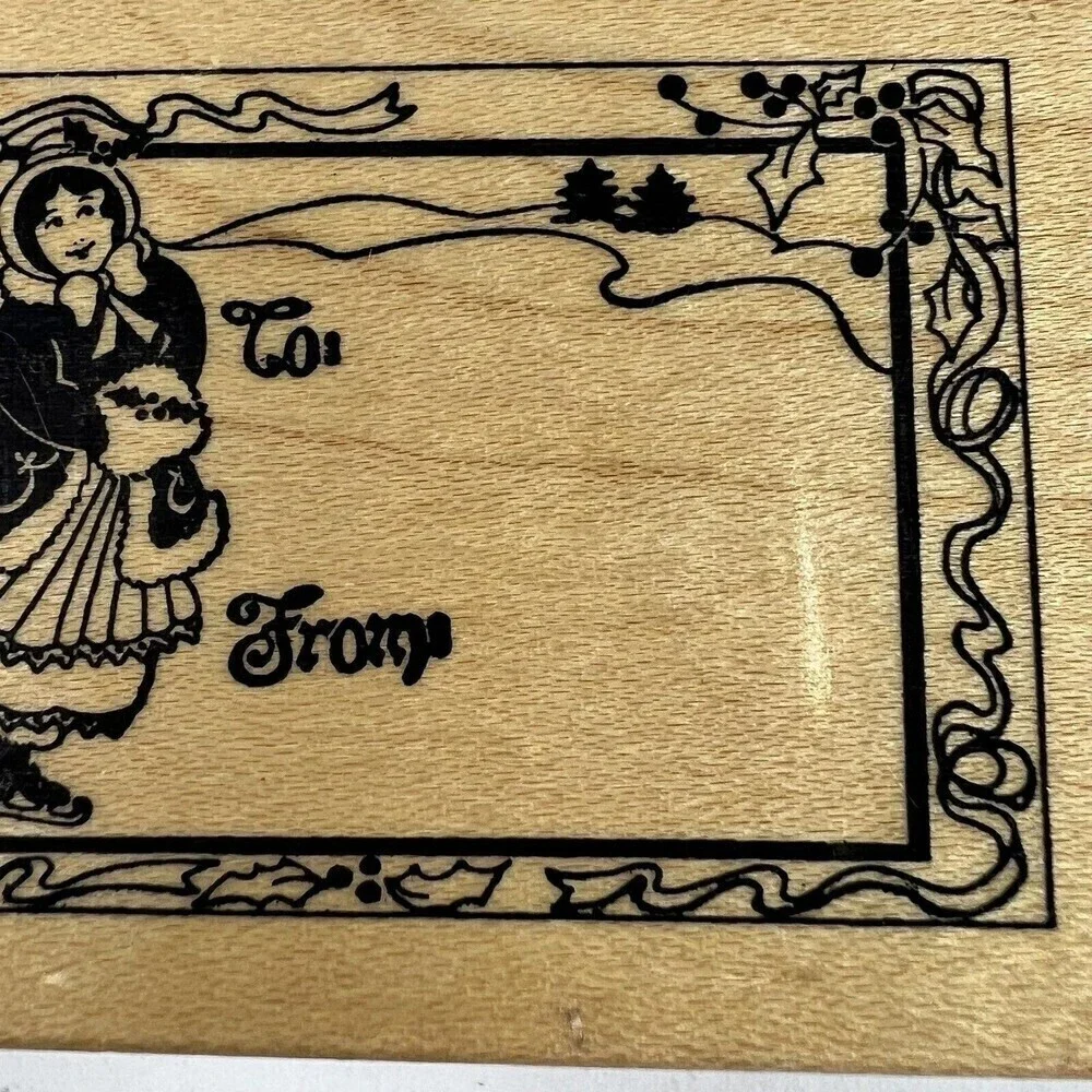 PSX F-392 Christmas Rubber Stamp GIRL ICE SKATING VINTAGE TO/FROM TAG LABEL